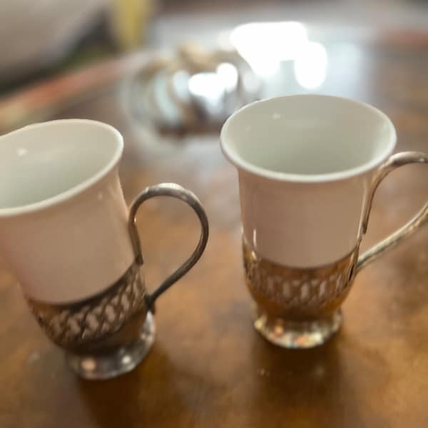 Set of 2 Gorham Demitasse / Irish Coffee Porcelain Cups and Silver Plate Holder