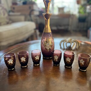 Gorgeous Rare Murano Italian Handblown Purple Glass Decanter Set with Six Port Glasses, 24 Gold Gilt and hand Painted Porcelain Floral.