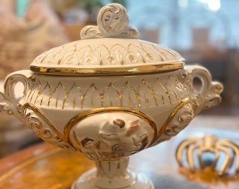 Gorgeous Antique Ketamos R. Capodiminte Pedestal Soup Tureen with Lid and Cherub Design, made in Italy.