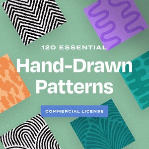 Op de afbeelding: Een afbeelding met diverse handgetekende patronen in verschillende kleuren en ontwerpen, waaronder zwart-witte zigzags, oranje vlekken en turquoise krullen. De tekst luidt "120 Essential Hand-Drawn Patterns" met een knop "Commercial License".