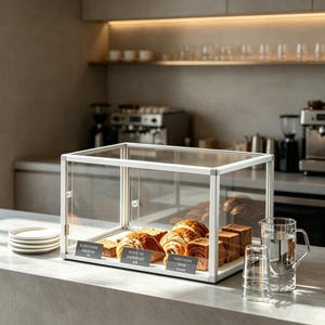 May include: A white framed glass display case filled with various pastries, including croissants and square-shaped baked goods. The case sits on a countertop with a stack of white plates, a glass pitcher, and two glasses. The background shows a cafe setting.