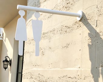 Black White Modern Bathroom Sign, Hanging Pipe Mount Restroom Direction Sign, Men Women Toilet Symbol Sign for Boutique & Coffee Shop