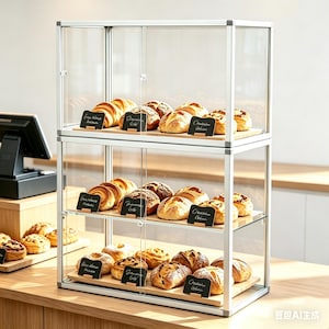 Puede incluir: Una vitrina de tres niveles llena de diversos productos de panadería, incluyendo cruasanes y panes. La vitrina de vidrio transparente tiene un marco plateado y puertas correderas. Cada estante contiene bandejas de madera con los productos horneados.