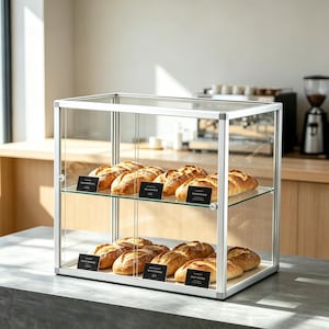 May include: A glass display case with a silver frame, showcasing various loaves of bread. The bread is golden brown, with some loaves having scored tops. Each loaf rests on a shelf, and small black labels are placed in front of each bread type.