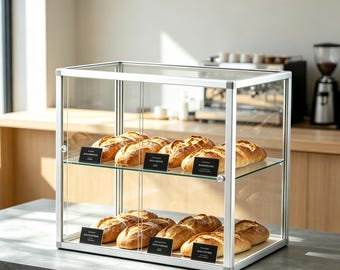Clear Acrylic Bread Display Case with Metal Frame, Commercial Countertop Pastry Holder for Bakery & Cafe