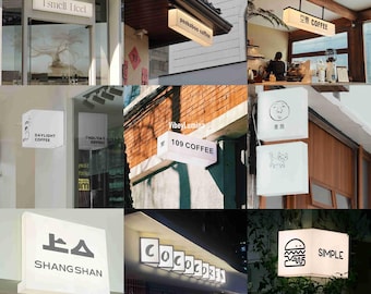 May include: A collage of nine images showcasing various storefront signs with different fonts, colours, and designs. The signs advertise businesses such as coffee shops, a restaurant, and a clothing store. Some signs are illuminated with white light.