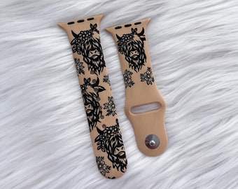 DIGITAL DOWNLOAD Floral Highland Cow Watchband File, svg, watch Band Design, Laser Engraved, Laser Ready File, Glowforge Ready