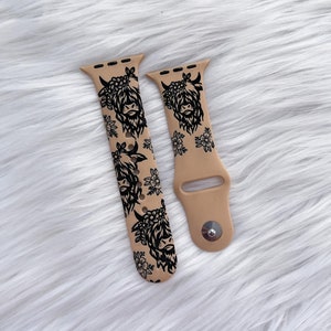 DIGITAL DOWNLOAD Floral Highland Cow Watchband File, svg, watch Band Design, Laser Engraved, Laser Ready File, Glowforge Ready