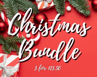 May include: A red background with a Christmas themed image. The image features a candy cane, ornaments, and gift boxes with a white background and red stripes. The text "Christmas Bundle" is written in white cursive font. The text "3 for $13.50" is written in white font.