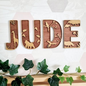 Wooden and embossed letter - Savannah Jungle Africa - Wooden first name, personalized gift, birth gift, bedroom decoration