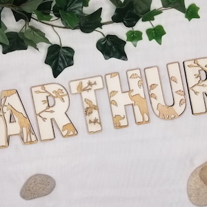 Wooden and embossed letter - Savannah Jungle Africa theme - Wooden first name, personalized gift, birth gift, room decoration