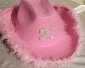 Personalized Pearl 21st Cowgirl Hat for Western Birthday Party,Glitter Fluffy Pink Cowboy Hat,Bride Last Disco Nashville Bachlorette