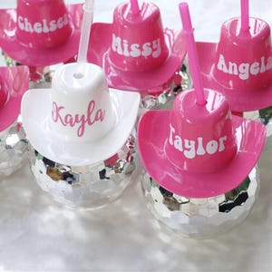 Tazze personalizzate da cowgirl disco, bomboniere per addio al nubilato, tazza con cappello da cowboy, tema retrò western, palla da discoteca, decorazione per l'ultimo addio al nubilato in discoteca