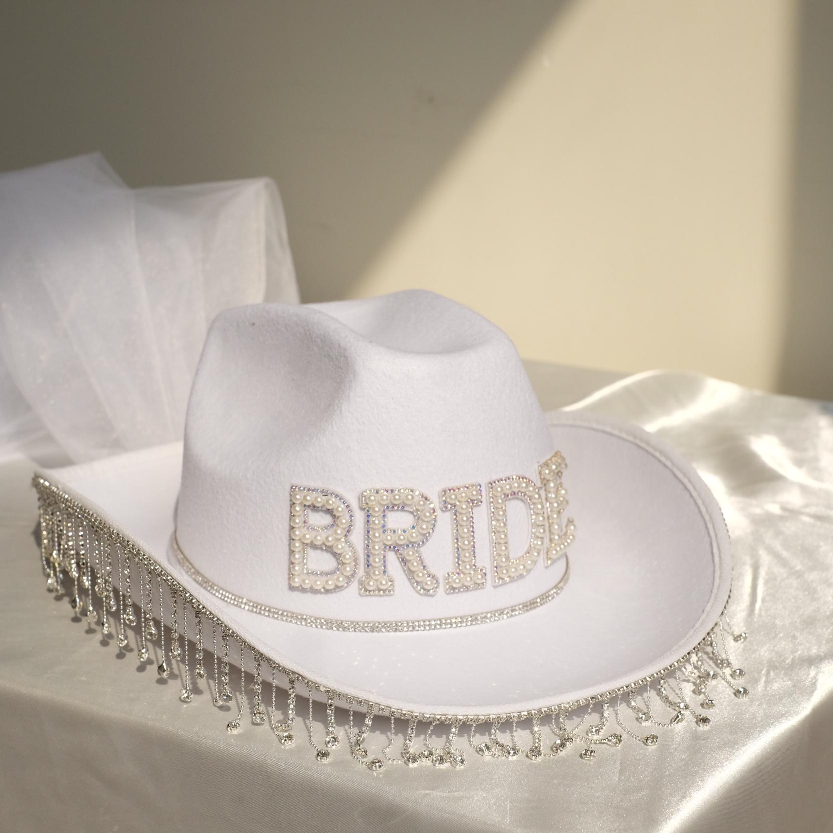 Personalized Pearl Bride Cowgirl Hat with Veil,Rhinestone Fringe Wifey Cowboy Hat,Pink Bridesmaid Cow Girl Hat,Bachlorette Gift,Bride To Be