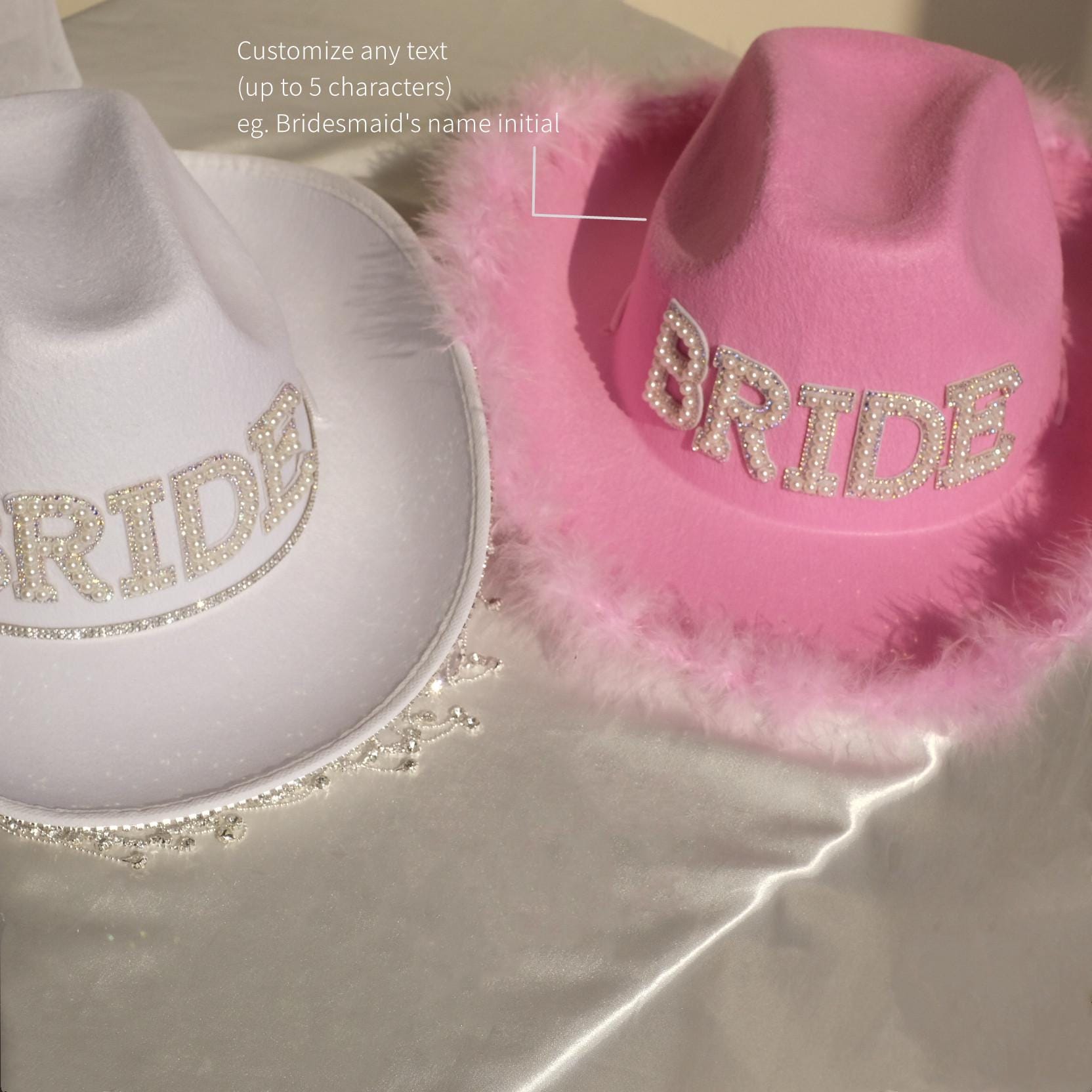 Personalized Pearl Bride Cowgirl Hat with Veil,Rhinestone Fringe Wifey Cowboy Hat,Pink Bridesmaid Cow Girl Hat,Bachlorette Gift,Bride To Be