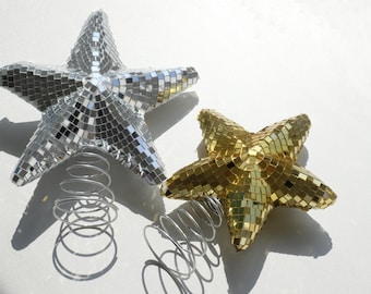 Estrella de discoteca con espejo de cristal para la punta del árbol: 8 pulgadas de oro y plata, un regalo navideño original para decoraciones navideñas de estilo retro occidental de los años 70.