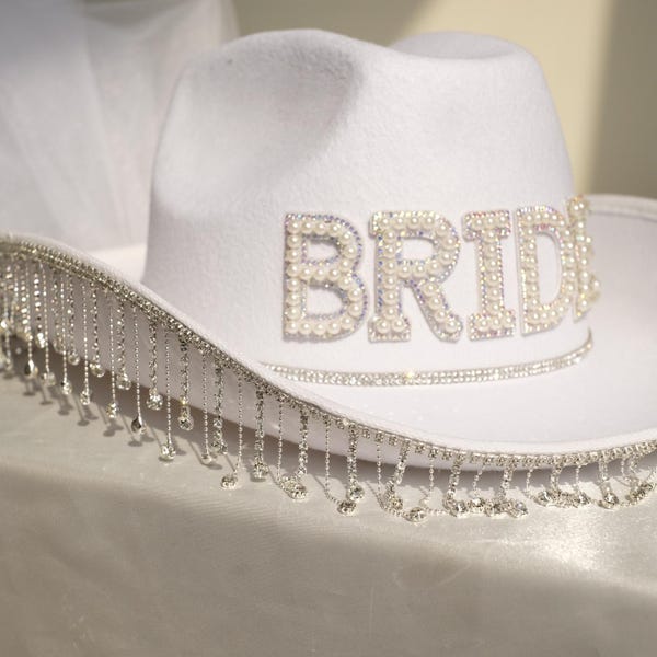 Gepersonaliseerde parel bruid cowgirl hoed met sluier, strass franje vrouw cowboyhoed, roze bruidsmeisje cowgirl hoed, baglorette cadeau, bruid to be