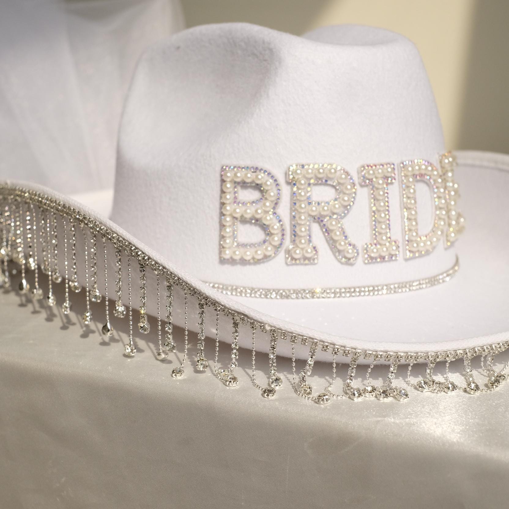 Personalized Pearl Bride Cowgirl Hat with Veil,Rhinestone Fringe Wifey Cowboy Hat,Pink Bridesmaid Cow Girl Hat,Bachlorette Gift,Bride To Be
