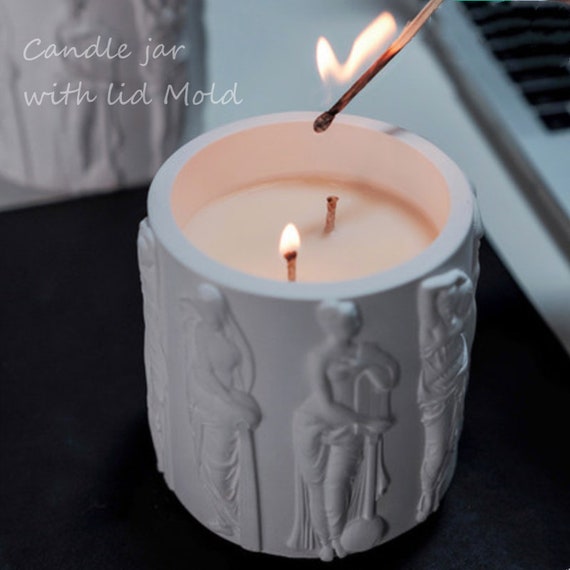 Concrete Candle Jar with Lid Silicone Mold Cylindrical Plaster