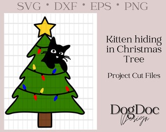 Kitten Hiding in Christmas Tree SVG; cricut, eps, dxf, png, craft, silhouette, clipart, holiday, cat, pet, kitty
