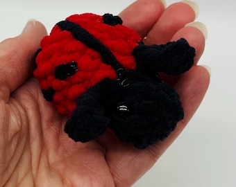 May include: A handmade, crocheted ladybug in red and black. The ladybug has a rounded body with black spots and a black head. The wings are red with a black stripe down the center. The ladybug is held in a person's hand.