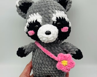 Raccoon Plushie Gifts Baby Raccoon with Flower Bag Stuffed Animal Handmade