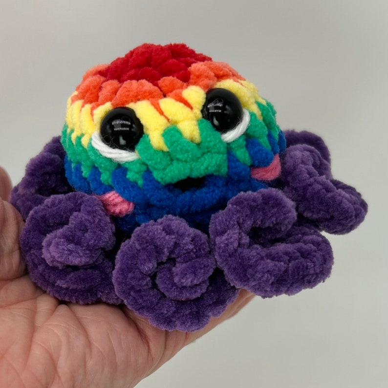 May include: A rainbow crocheted octopus with purple tentacles and black eyes.