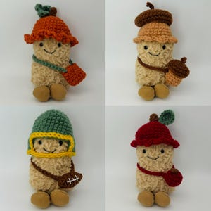May include: Four plush toys made of tan fuzzy material with embroidered faces. Each wears a crocheted hat and carries a small bag. The hats are orange, light brown, green with yellow trim, and red. The bags are orange, brown, football-shaped, and red.