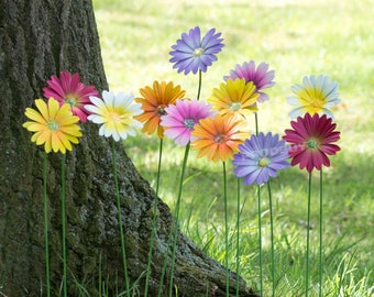Set of 6 or 12 Assorted Colour Metal Flower Garden Stakes - 59cm Long Outdoor Decoration Flowers - Six Bright Colours
