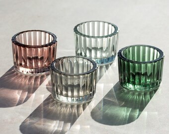 Set of 12 Small Ribbed Coloured Glass Tealight Candle Holders (with 4 Colours) Home Wedding Decoration