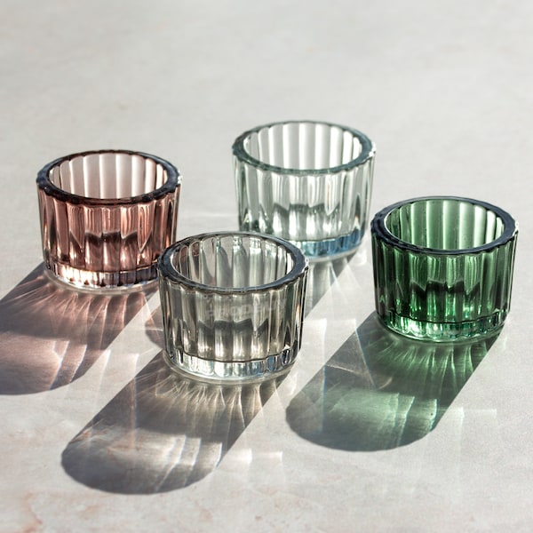 Set of 12 Small Ribbed Coloured Glass Tealight Candle Holders (with 4 Colours) Home Wedding Decoration