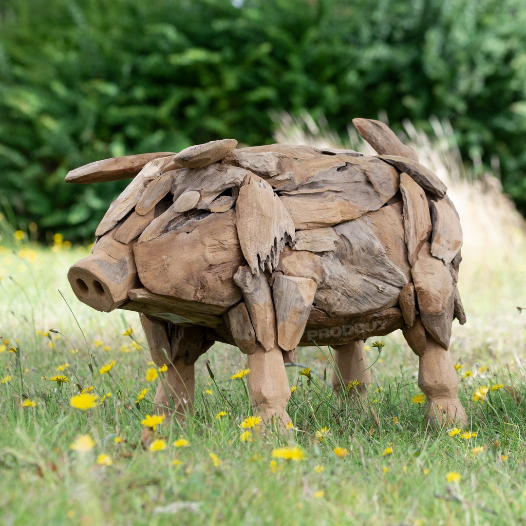 Large 63cm Standing Pig Garden Ornament Teak Root Wooden Hand Carved