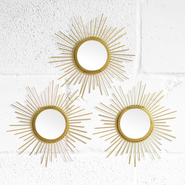 Set of 3 Small Gold Frame Glass Round Wall Mirrors Hanging Art Star Starburst