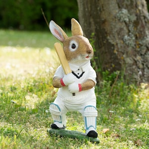 Rabbit Playing Cricket Garden Ornament 32cm Resin Lawn Sculpture Batter Figure