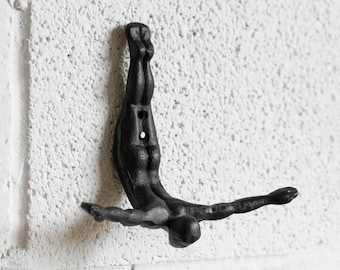 Diving Figure Cast Iron Coat Hook - 20cm Wide - Wall Mountable Storage Hooks - Novelty Design