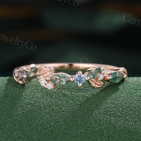 Marquise cut Moss agate Wedding band Solid Rose Gold Alexandrite Moissanite marriage ring Dainty Leaf ring Promise Anniversary wedding band