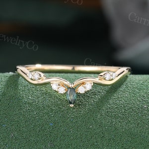 Marquise cut Teal sapphire Sterling Silver yellow gold curved wedding band Unique Moissanite diamond ring Stacking matching Anniversary ring