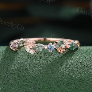 Marquise cut Moss agate wedding band Solid rose gold ring Alexandrite Diamond marriage ring Dainty Leaf ring Promise ring Anniversary gift
