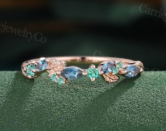 Marquise cut London blue Topaz wedding ring Cluster Emerald Marriage ring solid Rose Gold leaf ring Promise anniversary bridal ring gift.