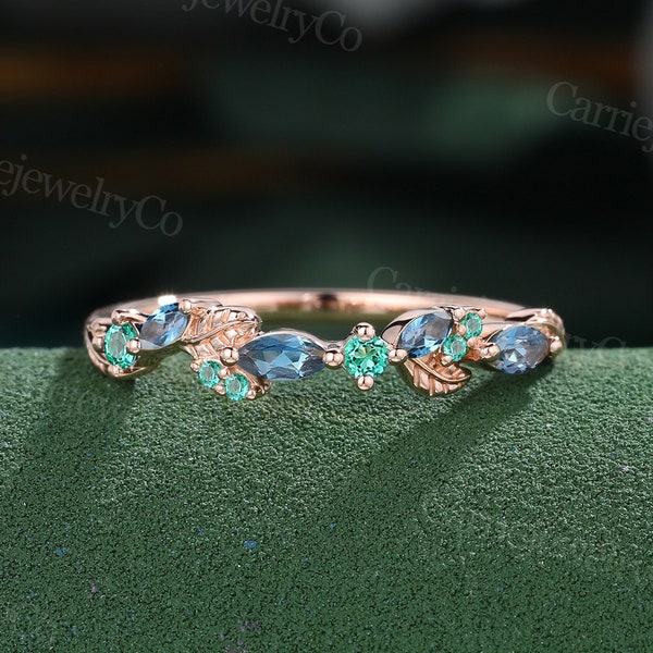 Marquise cut London blue Topaz wedding ring Cluster Emerald Marriage ring solid Rose Gold leaf ring Promise anniversary bridal ring gift.