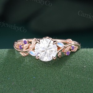 Vintage Moissanite Engagement ring Vintage Rose Gold Cluster Marquise Moonstone Amethyst ring Leaf Wedding ring Promise Anniversary ring