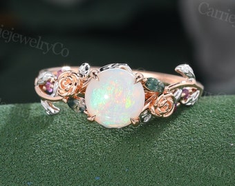 White Opal Engagement ring Vintage Rose Gold Cluster Marquise Moss agate Amethyst Party ring Leaf flower ring Promise Anniversary ring gift
