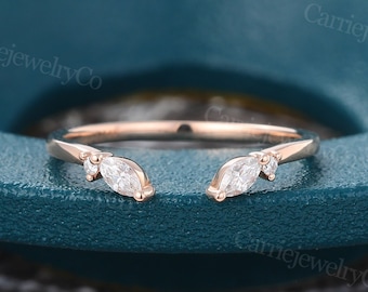 Marquise cut moissanite curved wedding band vintage Rose gold open band moissanite diamond Matching Stacking band promise anniversary ring.