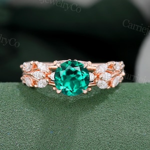 Unique Emerald engagement ring Vintage rose gold ring Marquise diamond ring Cluster ring Art deco Bridal ring Promise ring Anniversary gift