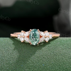 Oval cut Moss agate engagement ring Vintage rose gold marriage ring Marquise diamond ring Art deco Promise ring Bridal ring Anniversary gift