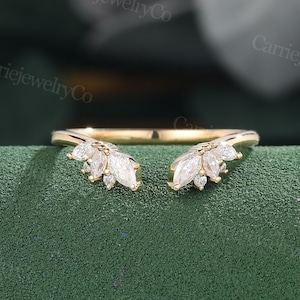 Marquise cut Lab grown diamond ring Curved wedding band Unique Yellow gold open band vintage Matching Stacking band promise anniversary ring