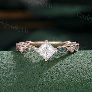 Princess cut Moissanite engagement ring Unique Rose gold ring Marquise Moss Agate ring Milgrain ring Bridal ring Promise Anniversary ring