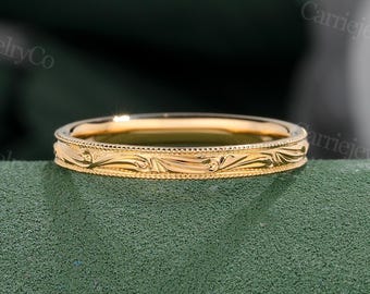 Anillo de boda vintage de oro amarillo de 18k con filigrana, anillo milgrain, anillo de oro macizo, anillo tallado, anillo de eternidad completa, anillo apilable, regalo de aniversario
