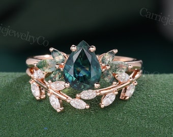 Pear shaped Blue Green Sapphire Engagement ring set Vintage Rose Gold Marriage ring Cluster Marquise Moss Agate Bridal set Anniversary ring.