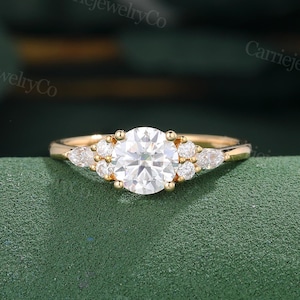 Vintage Moissanite engagement ring Unique yellow gold ring Marquise cut Diamond ring Art deco Bridal ring Promise Anniversary gift for women